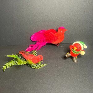 Vintage 1980s Lot of 3 Flocked & Plastic Red Cardinal Bird Christmas Ornaments
